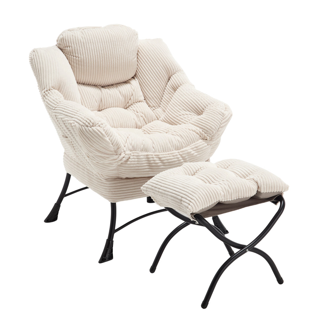 Ivory upholstered lounge chair with matching ottoman and side pocket, modern reading nook accent by Anthony & Home.
