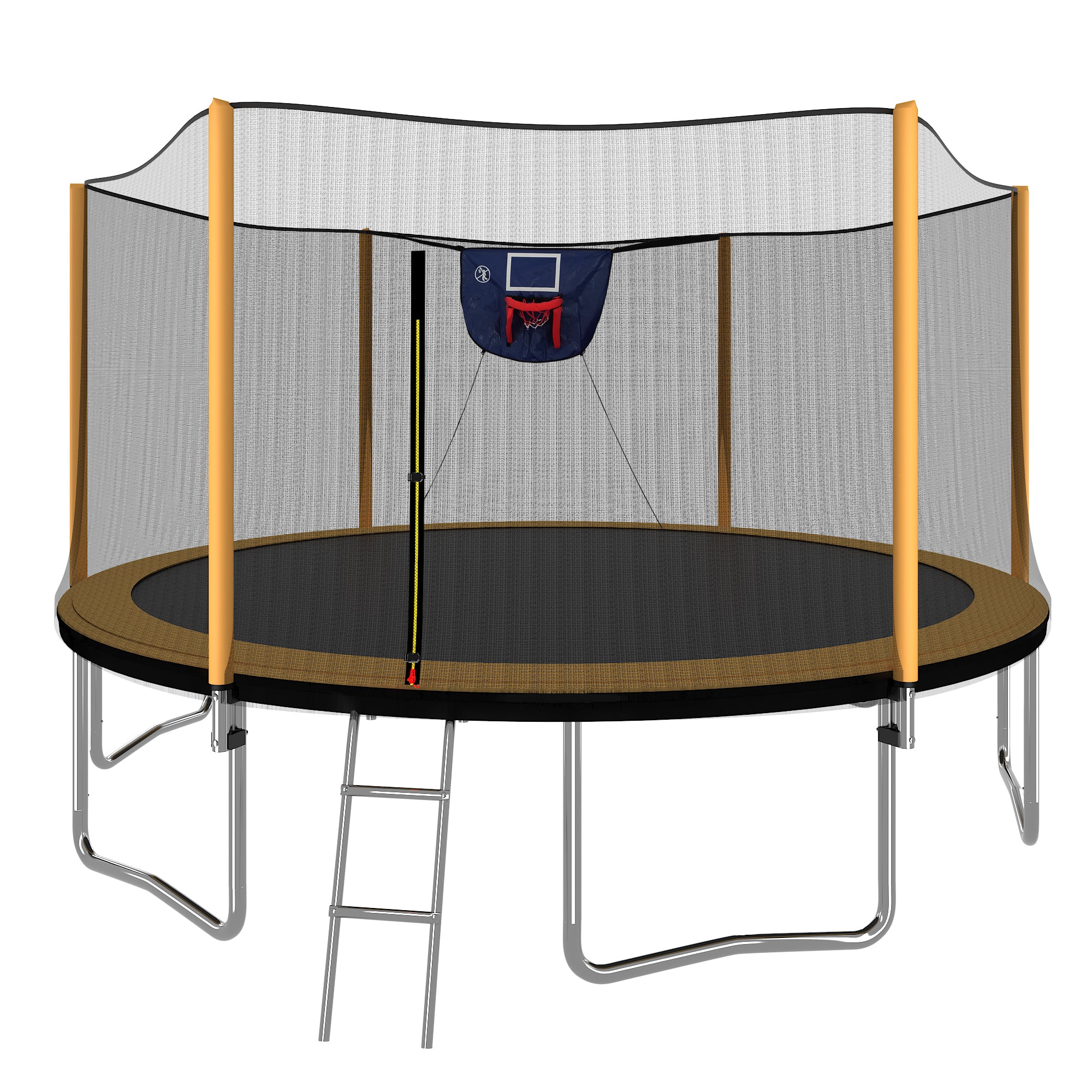 Anthony & Home 14-foot trampoline with tarpaulin cover and safety enclosure, showing the sturdy frame and jump surface.