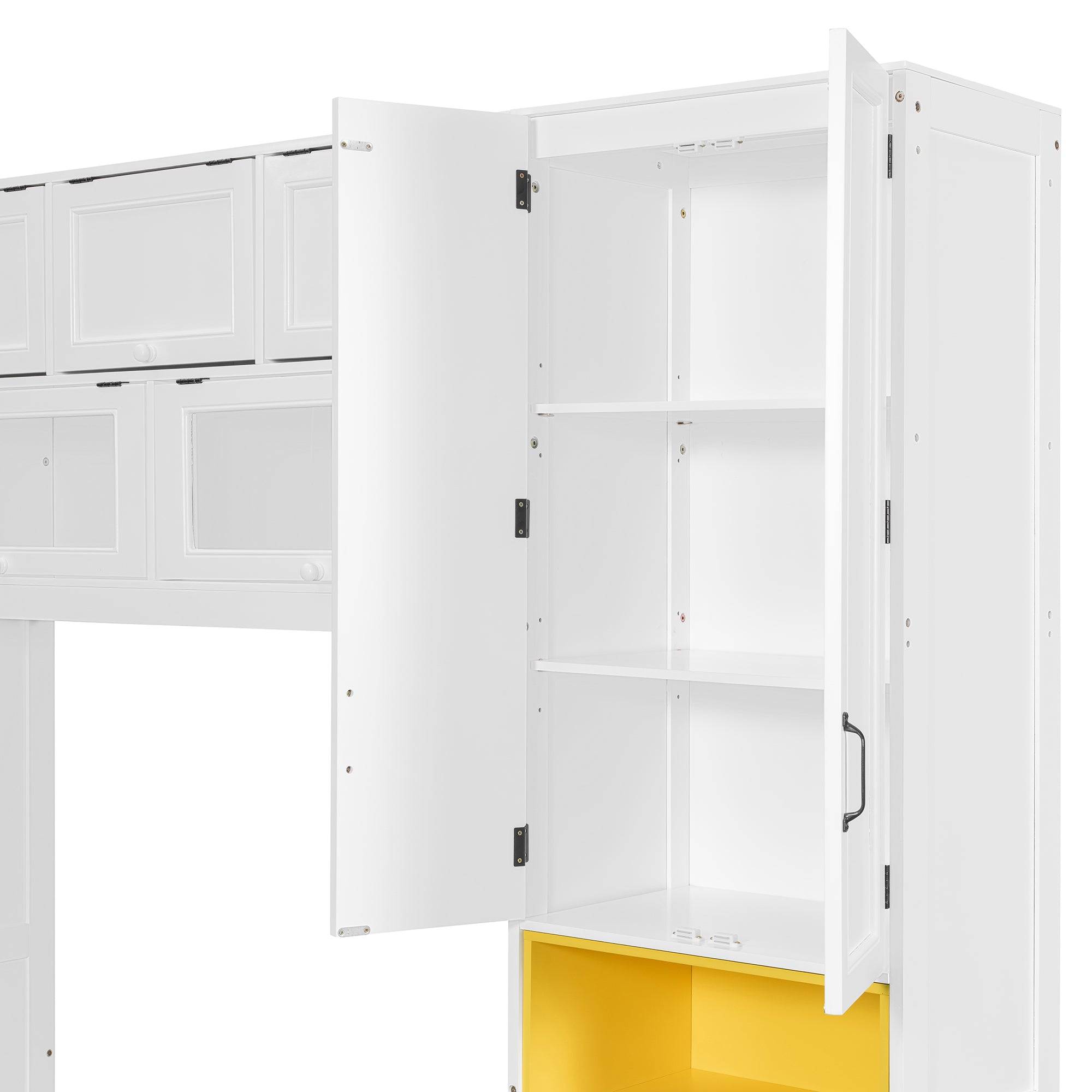 White twin-size solid wood Murphy bed with integrated TV stand, two drawers, cabinets, by Anthony & Home.