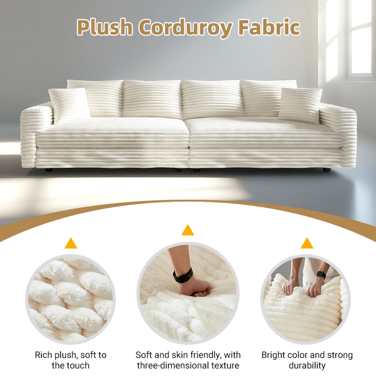 Anthony & Home Atelier Plush Corduroy 4-seat sofa with soft cushions and rich fabric, ideal for modern living rooms.