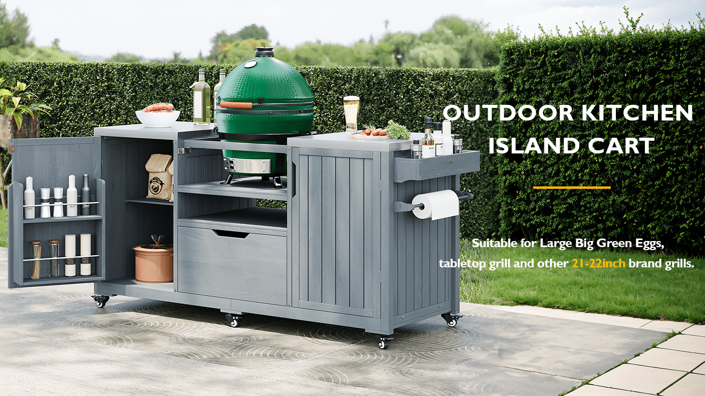 Outdoor kitchen island made of solid fir wood from Anthony & Home's limited series, featuring ample workspace and storage.
