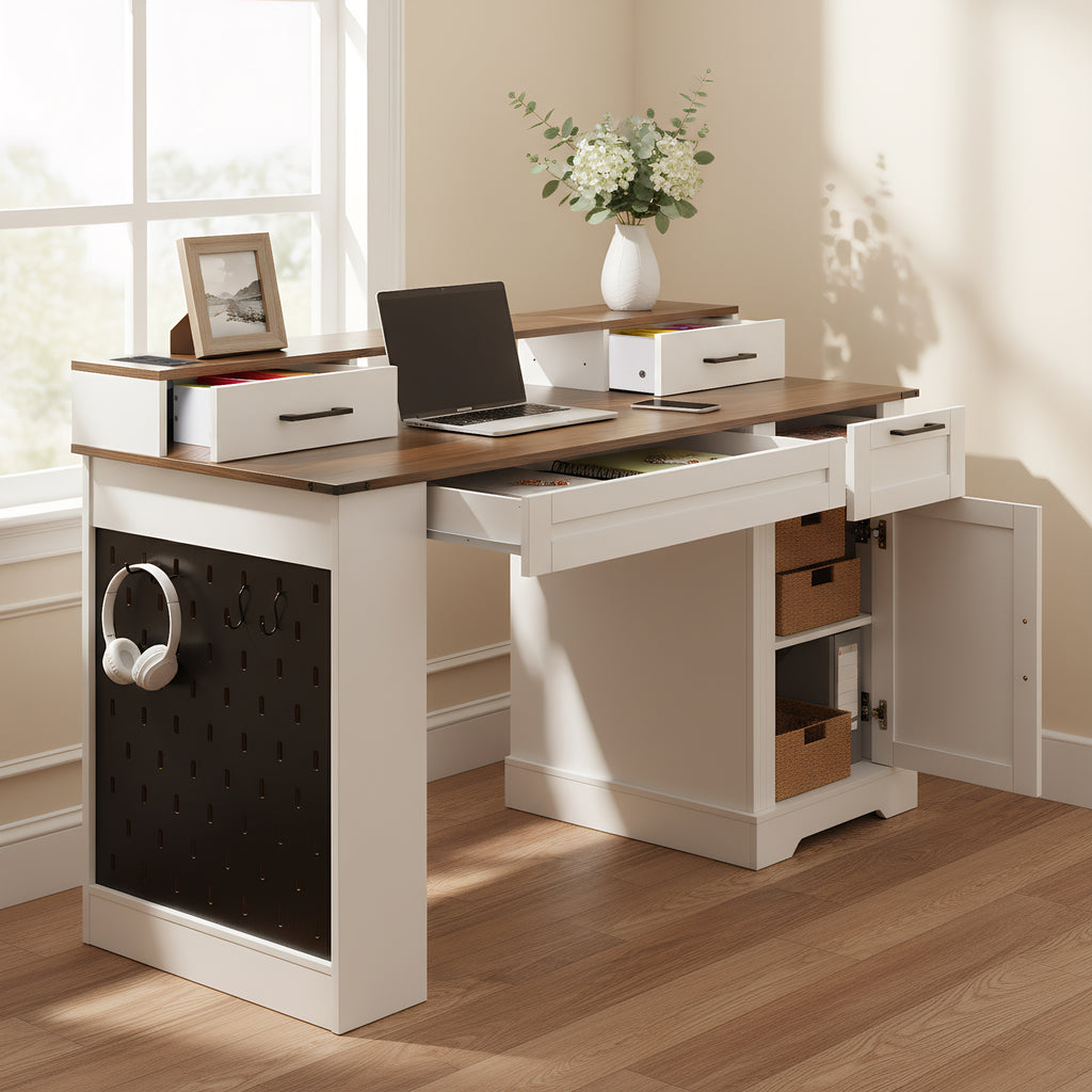Anthony & Home studio barn door desk with storage and charging station, featuring a rustic wood finish and sliding barn door design.