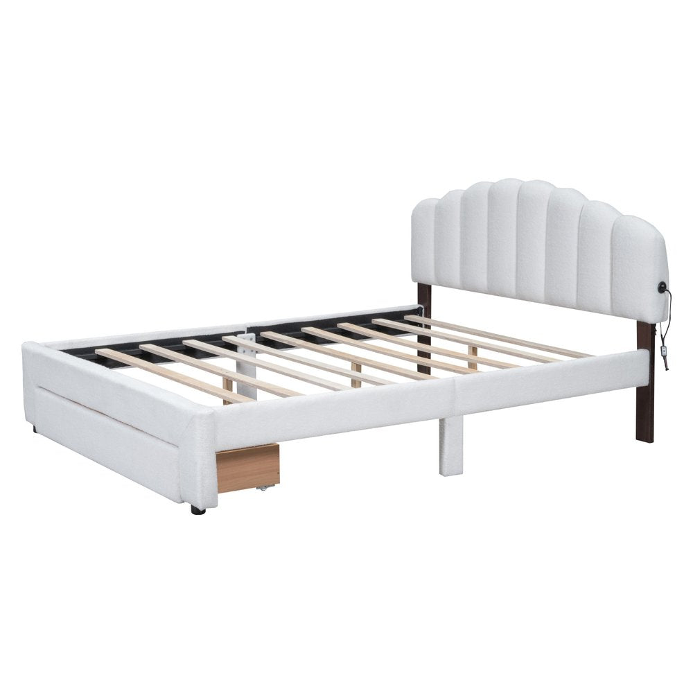 White Tufted Boucle Lighted Queen Bed Frame With USB And Drawer