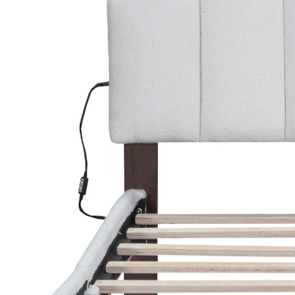 White Tufted Boucle Lighted Queen Bed Frame With USB And Drawer