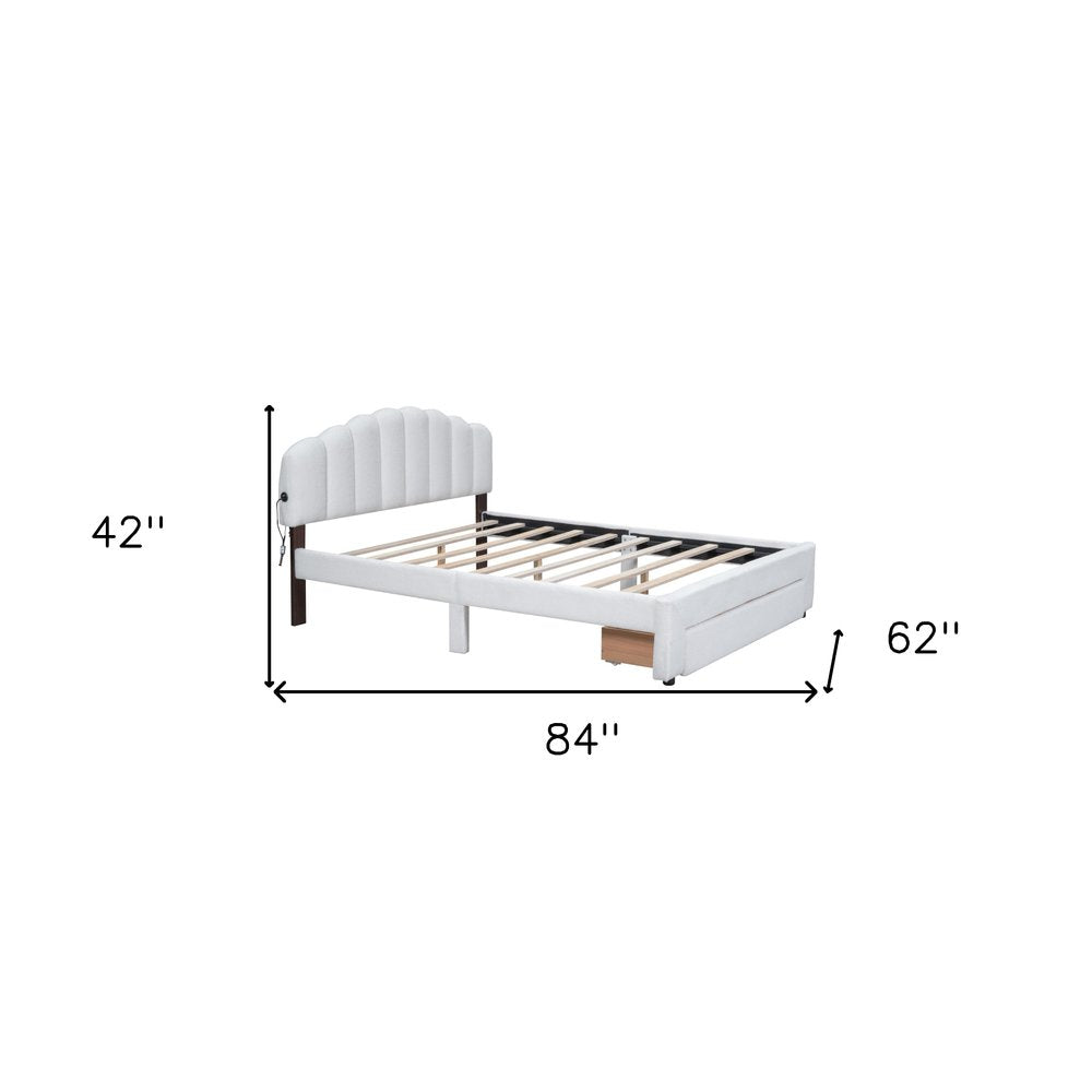 White Tufted Boucle Lighted Queen Bed Frame With USB And Drawer