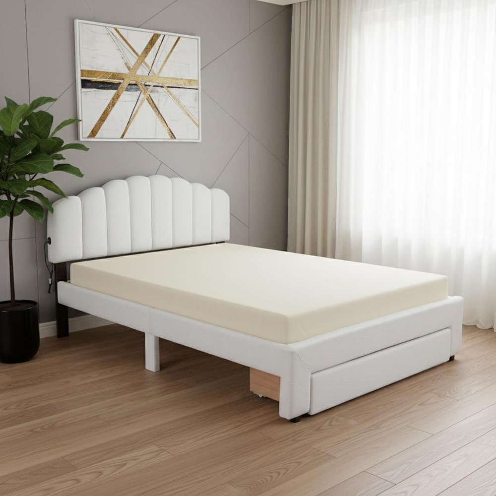 White Tufted Boucle Lighted Queen Bed Frame With USB And Drawer
