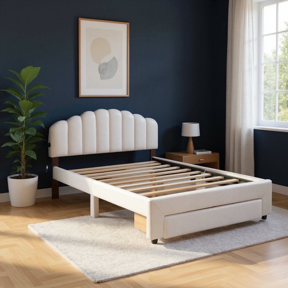 White Tufted Boucle Lighted Queen Bed Frame With USB And Drawer