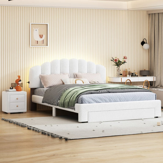 White Tufted Boucle Lighted Queen Bed Frame With USB And Drawer