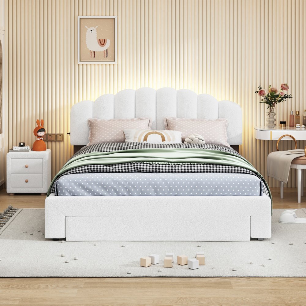 White Tufted Boucle Lighted Queen Bed Frame With USB And Drawer