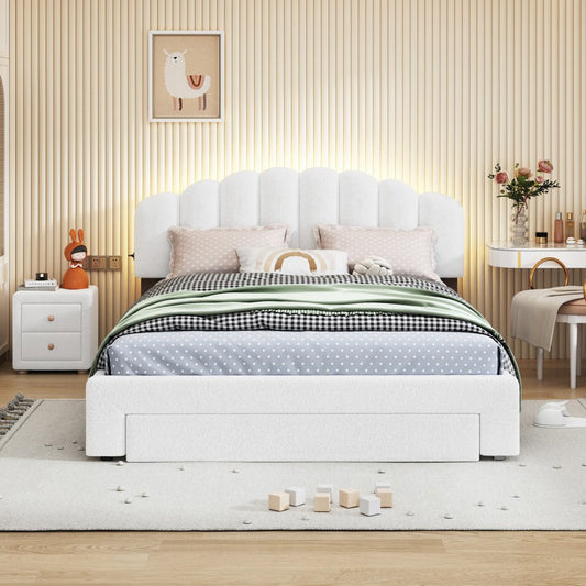 White Tufted Boucle Lighted Queen Bed Frame With USB And Drawer