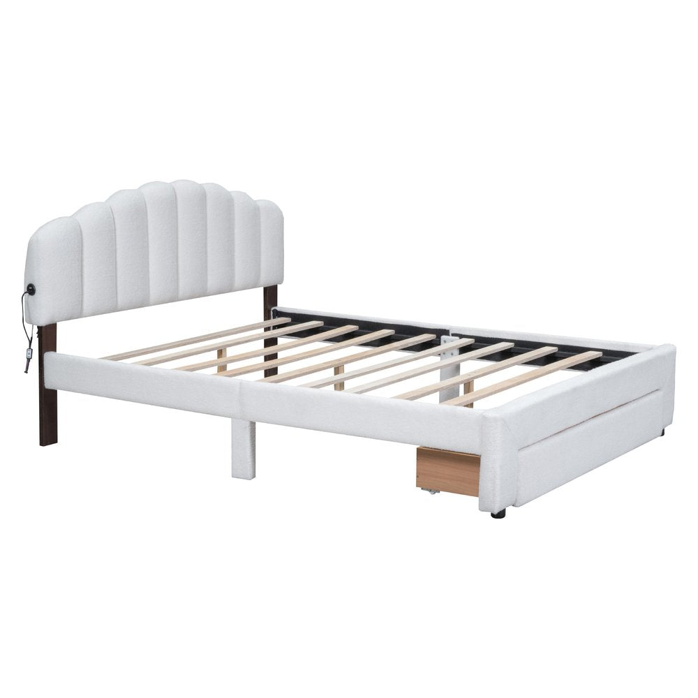 White Tufted Boucle Lighted Queen Bed Frame With USB And Drawer