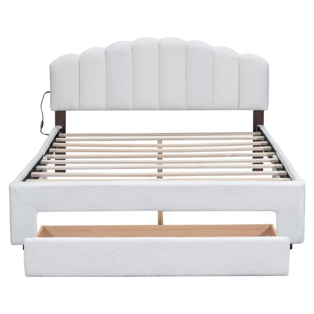 White Tufted Boucle Lighted Queen Bed Frame With USB And Drawer