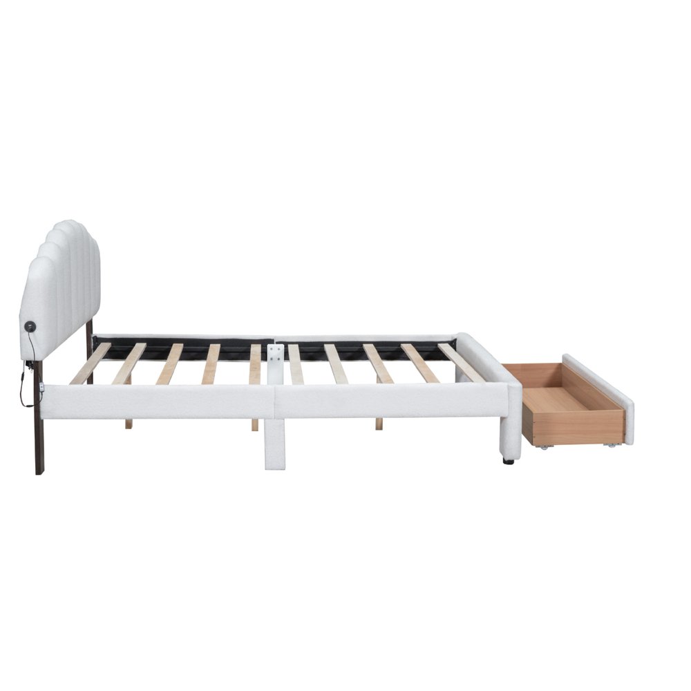 White Tufted Boucle Lighted Queen Bed Frame With USB And Drawer