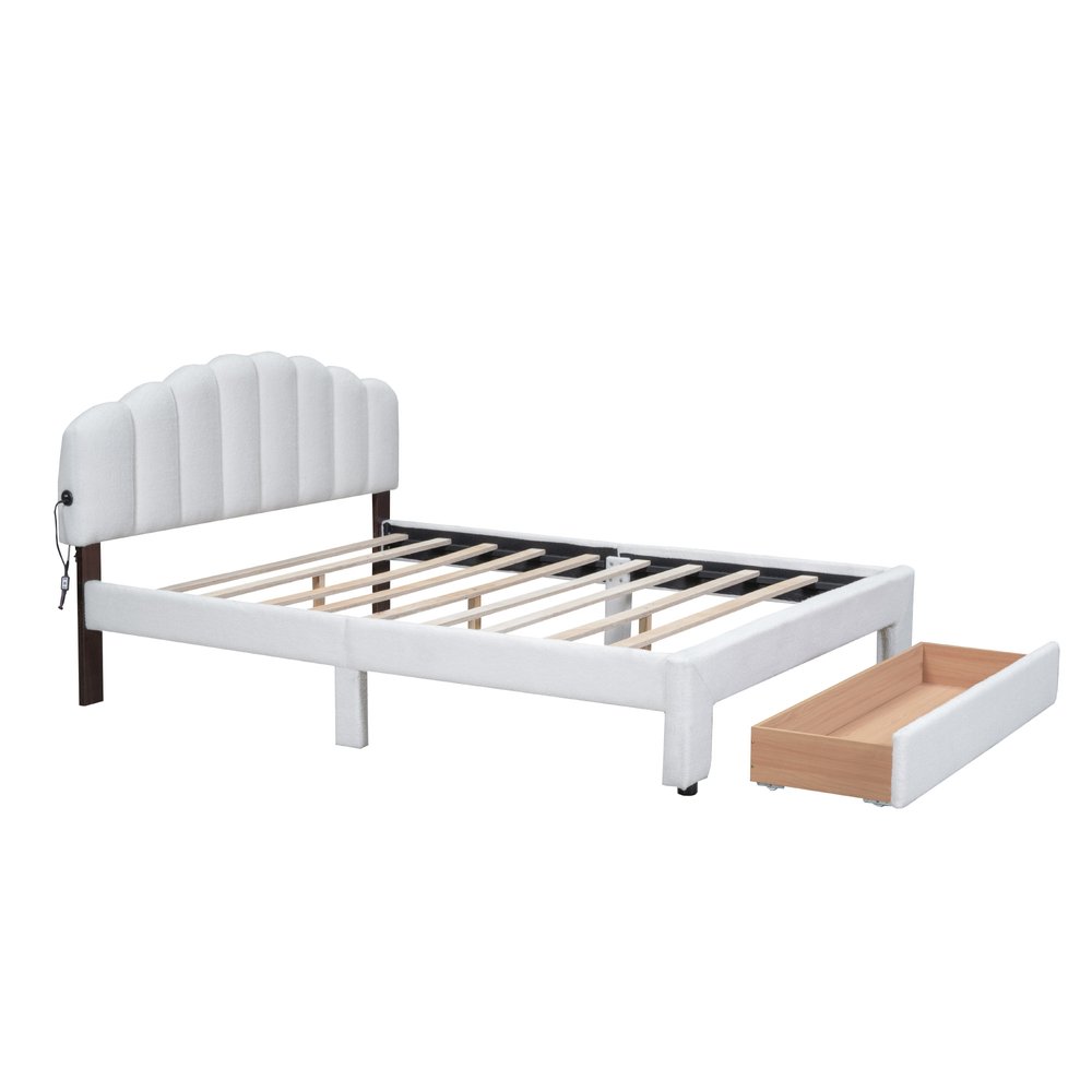 White Tufted Boucle Lighted Queen Bed Frame With USB And Drawer