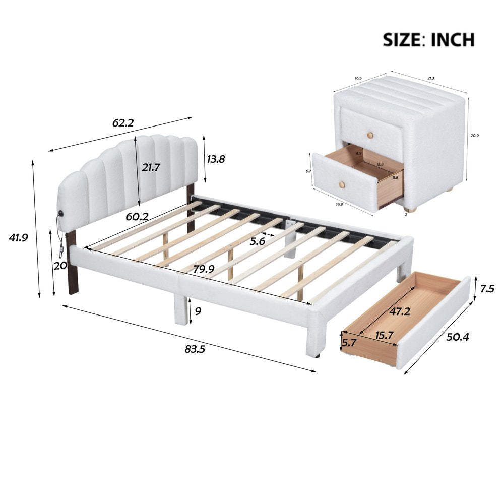 White Tufted Boucle Lighted Queen Bed Frame With USB And Drawer