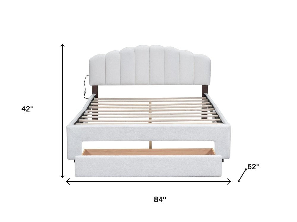 White Tufted Boucle Lighted Queen Bed Frame With USB And Drawer