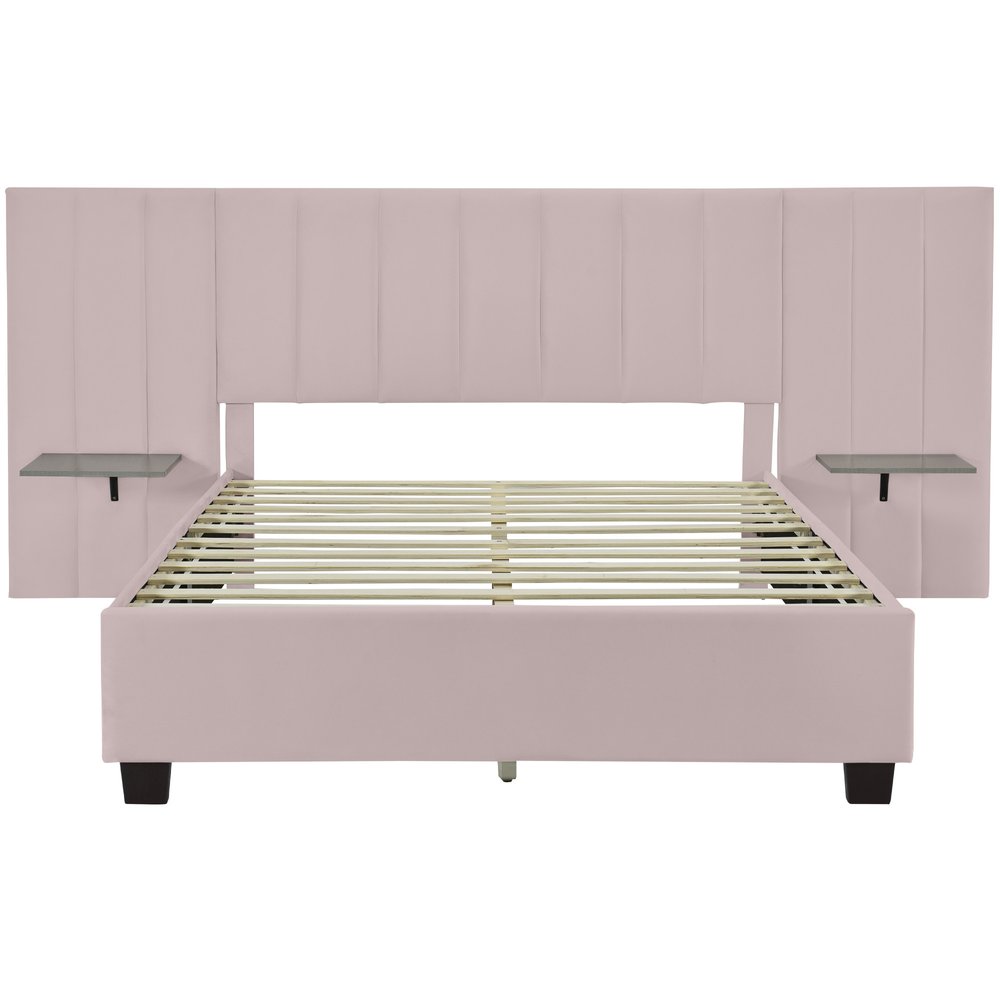 Pink Tufted Velvet Upholstered Lighted Queen Bed Frame