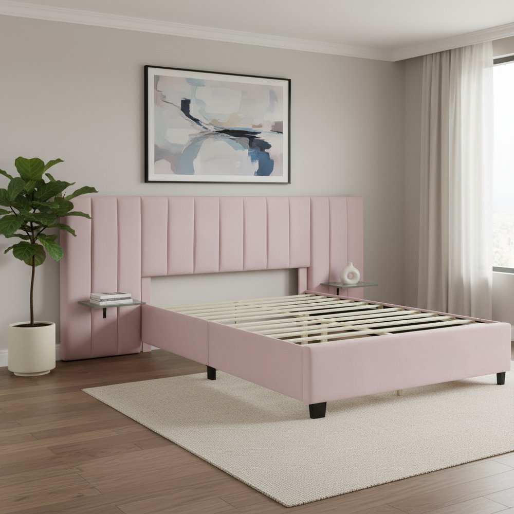 Pink Tufted Velvet Upholstered Lighted Queen Bed Frame