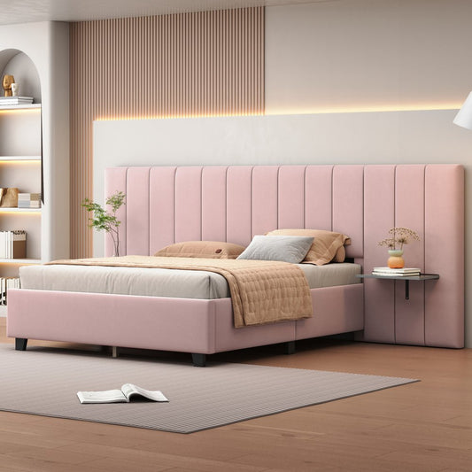 Pink Tufted Velvet Upholstered Lighted Queen Bed Frame
