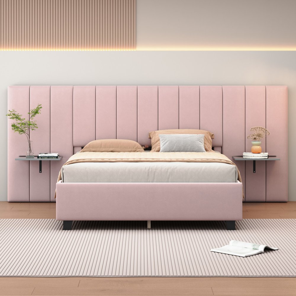 Pink Tufted Velvet Upholstered Lighted Queen Bed Frame