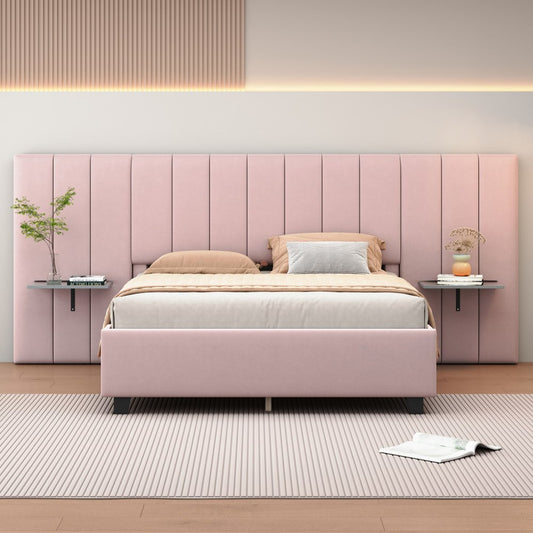 Pink Tufted Velvet Upholstered Lighted Queen Bed Frame
