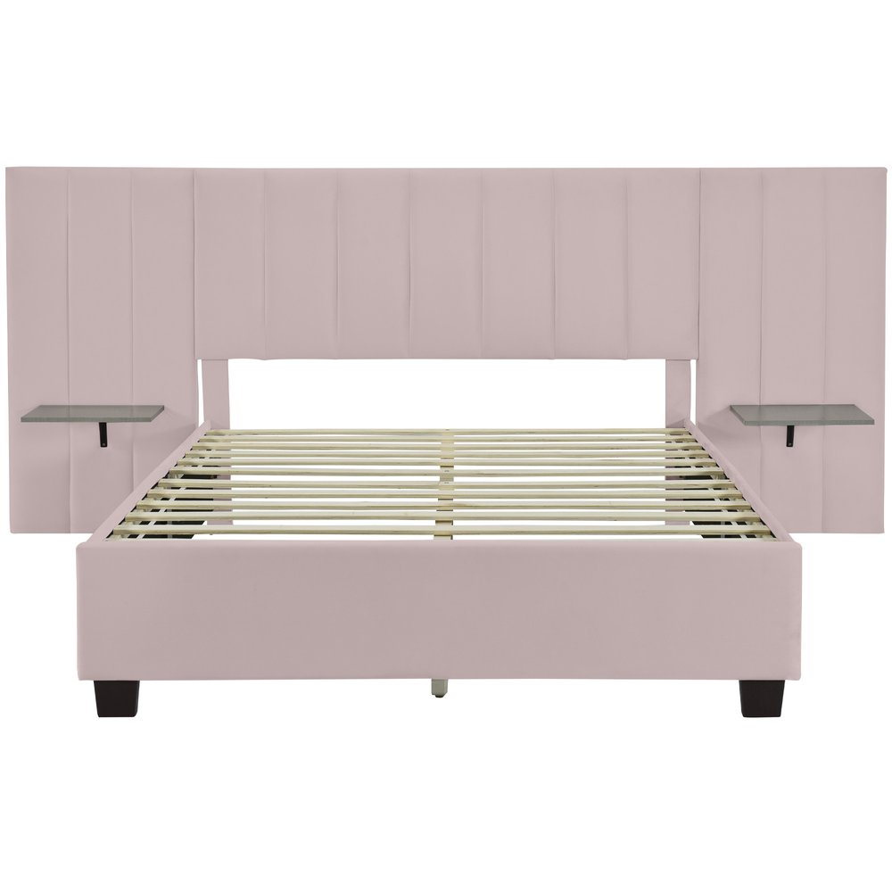 Pink Tufted Velvet Upholstered Lighted Queen Bed Frame