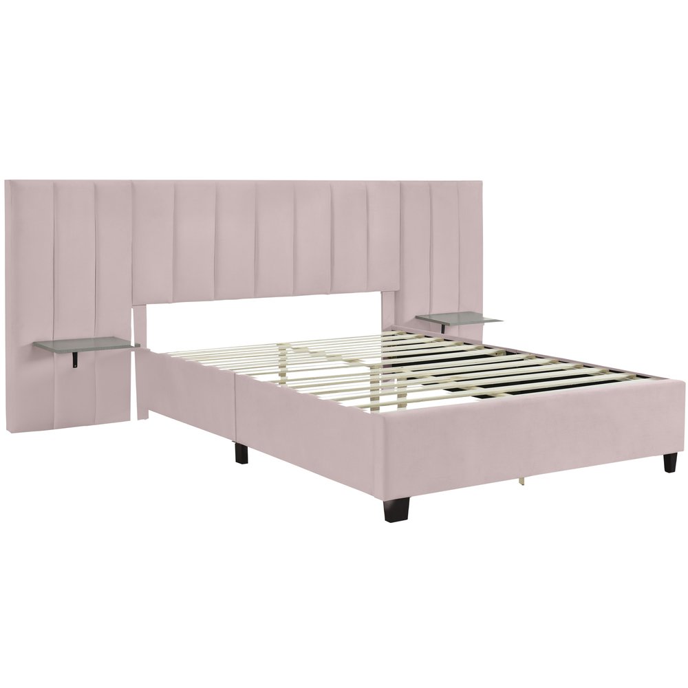 Pink Tufted Velvet Upholstered Lighted Queen Bed Frame