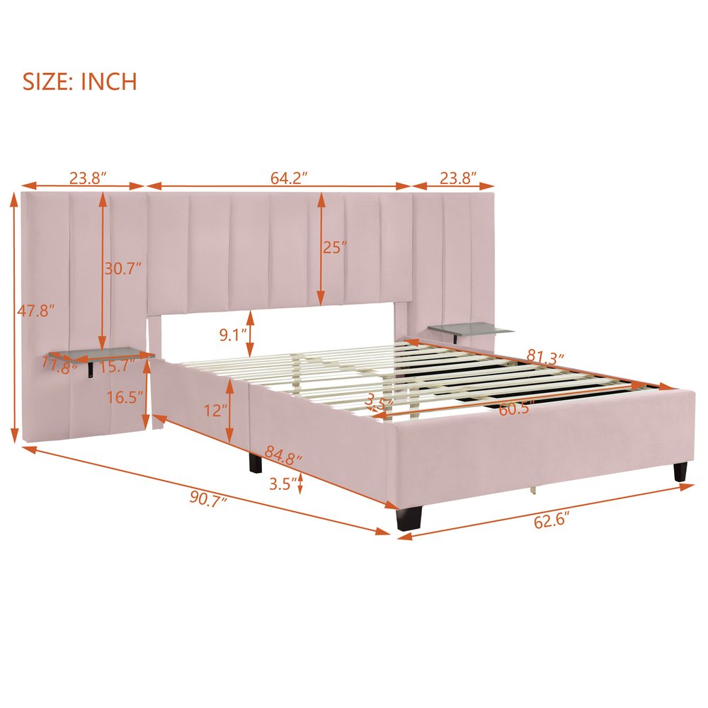 Pink Tufted Velvet Upholstered Lighted Queen Bed Frame
