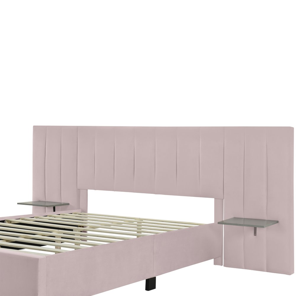 Pink Tufted Velvet Upholstered Lighted Queen Bed Frame