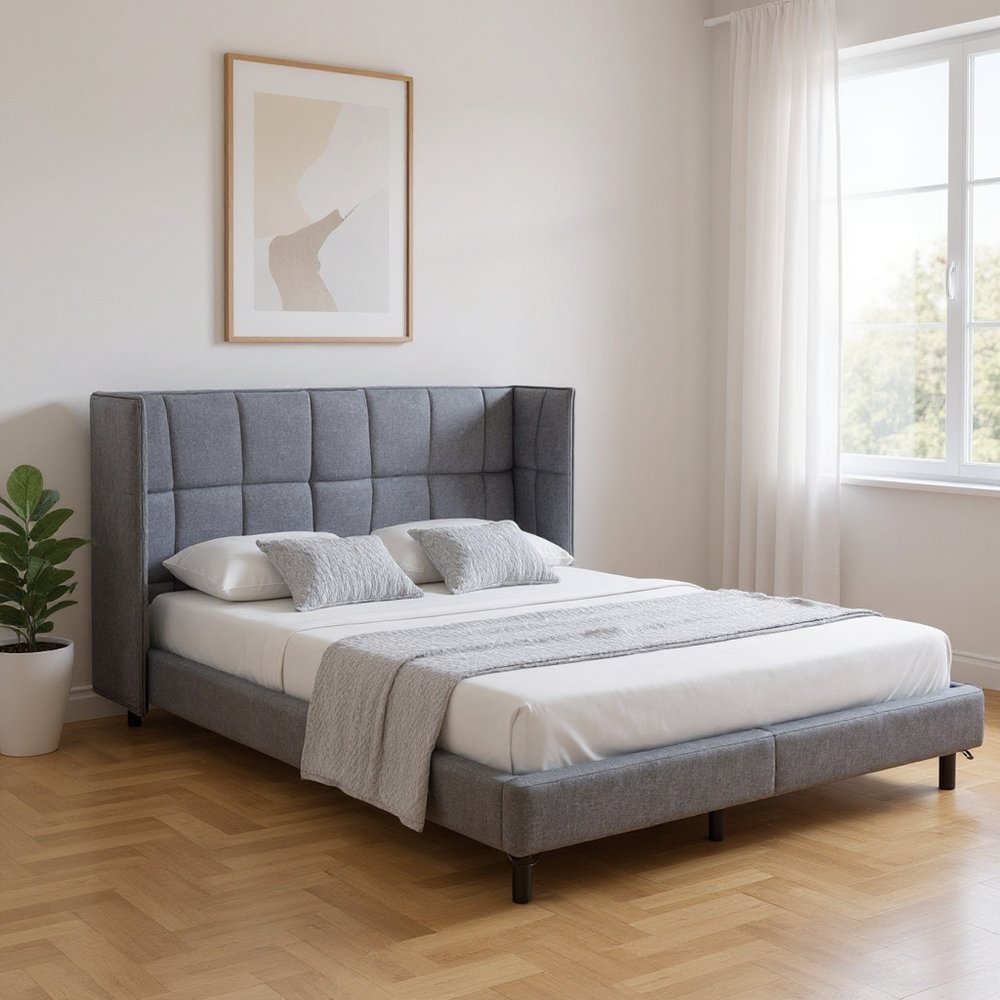 Gray Tufted Upholstered Queen Bed Frame With LED Lighting And USB