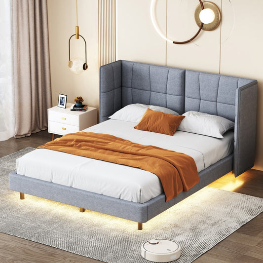 Gray Tufted Upholstered Queen Bed Frame With LED Lighting And USB
