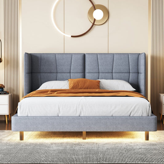 Gray Tufted Upholstered Queen Bed Frame With LED Lighting And USB