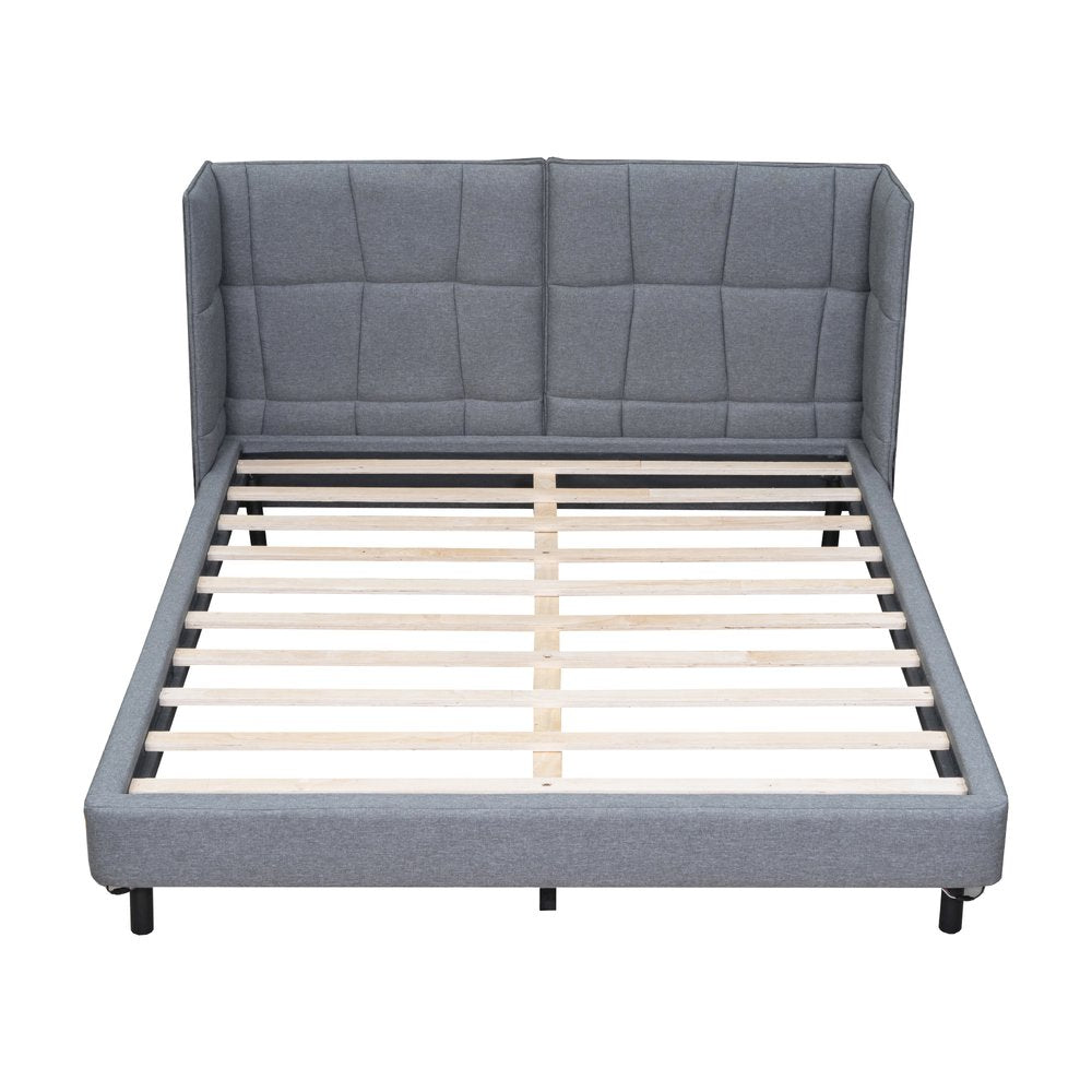 Gray Tufted Upholstered Queen Bed Frame With LED Lighting And USB