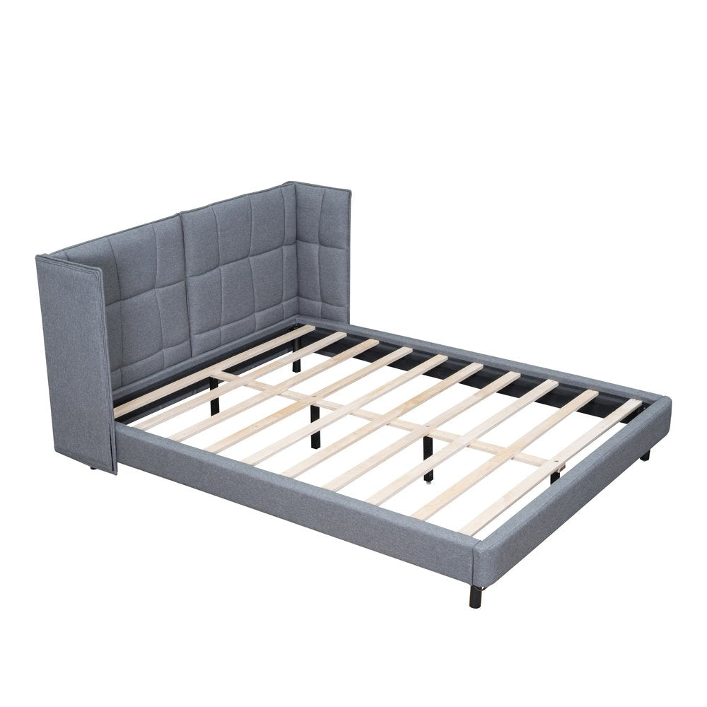 Gray Tufted Upholstered Queen Bed Frame With LED Lighting And USB