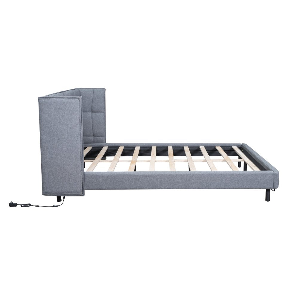 Gray Tufted Upholstered Queen Bed Frame With LED Lighting And USB
