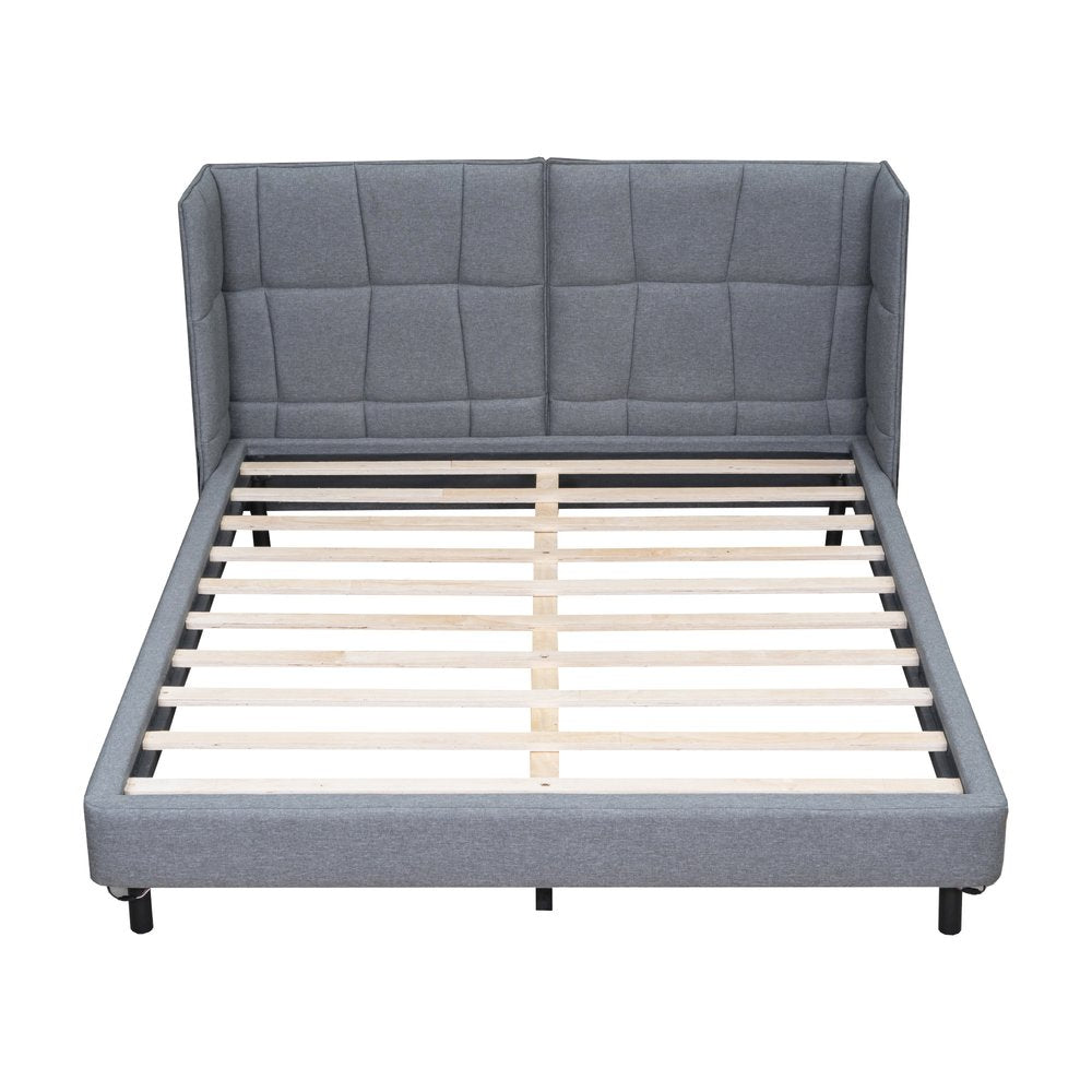 Gray Tufted Upholstered Queen Bed Frame With LED Lighting And USB