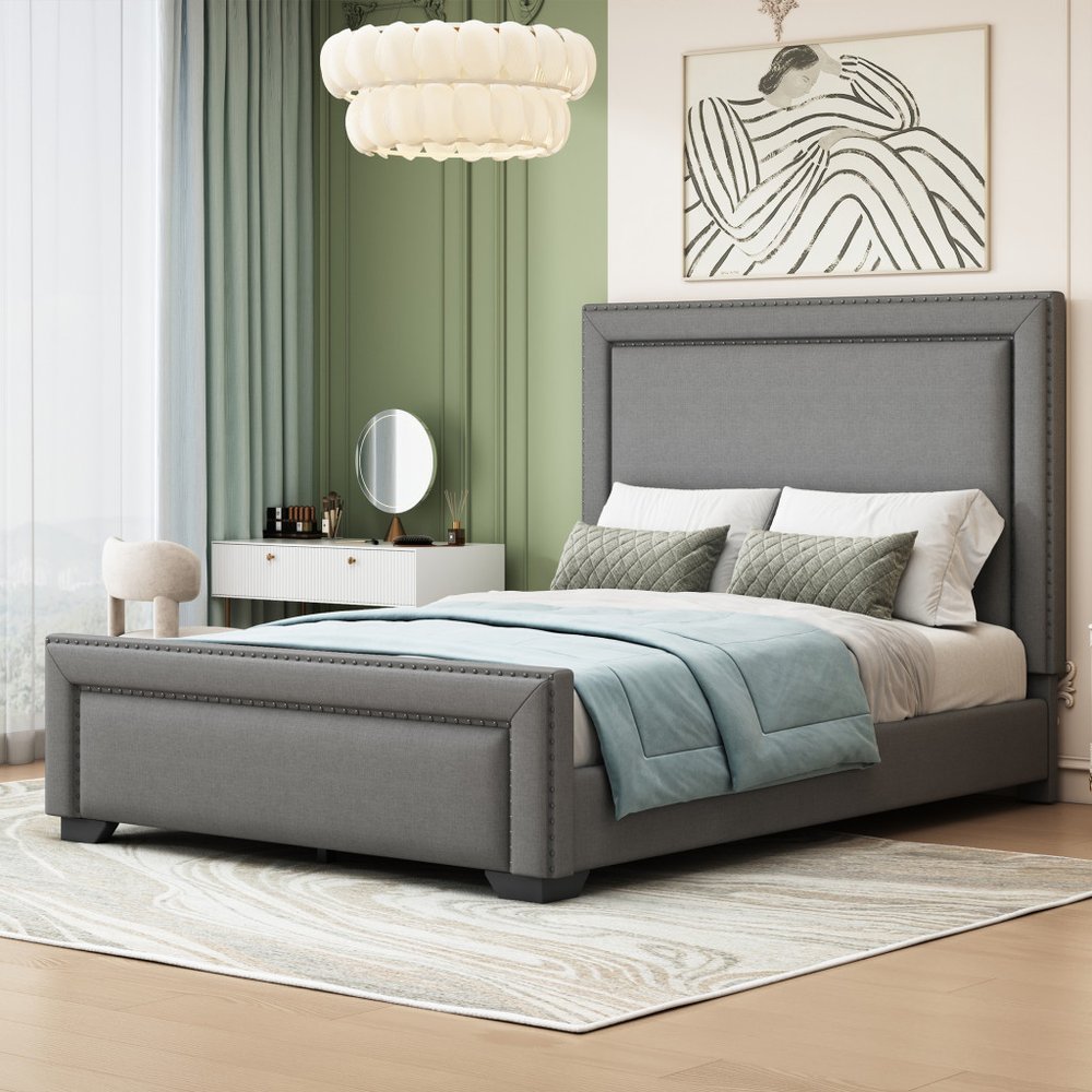 Gray Tufted Velvet Upholstered Queen Bed Frame