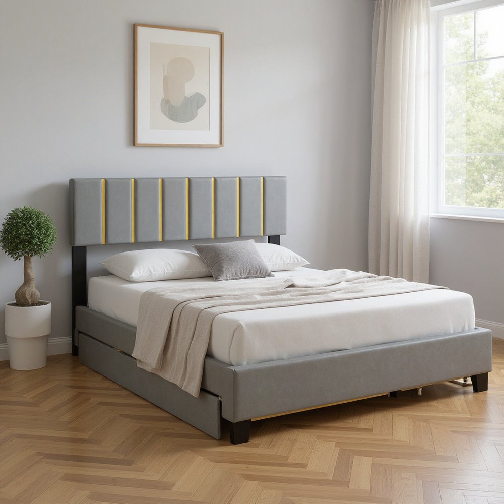 Gray Tufted Velvet Upholstered Queen Bed Frame With Trundle And Drawers