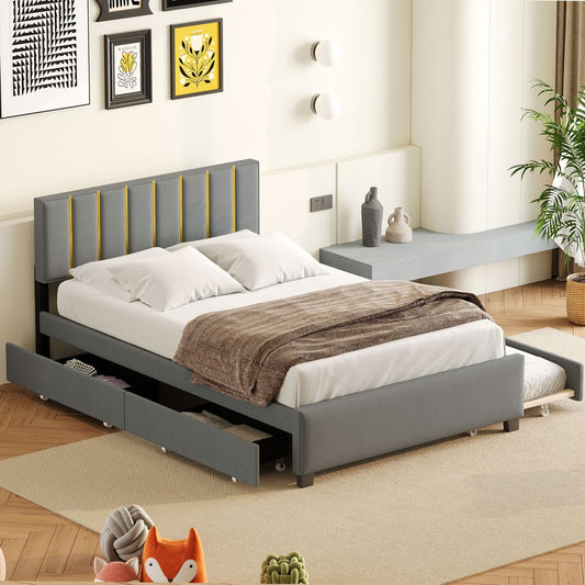 Gray Tufted Velvet Upholstered Queen Bed Frame With Trundle And Drawers