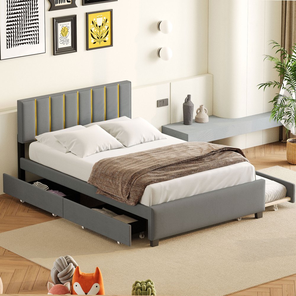 Gray Tufted Velvet Upholstered Queen Bed Frame With Trundle And Drawers