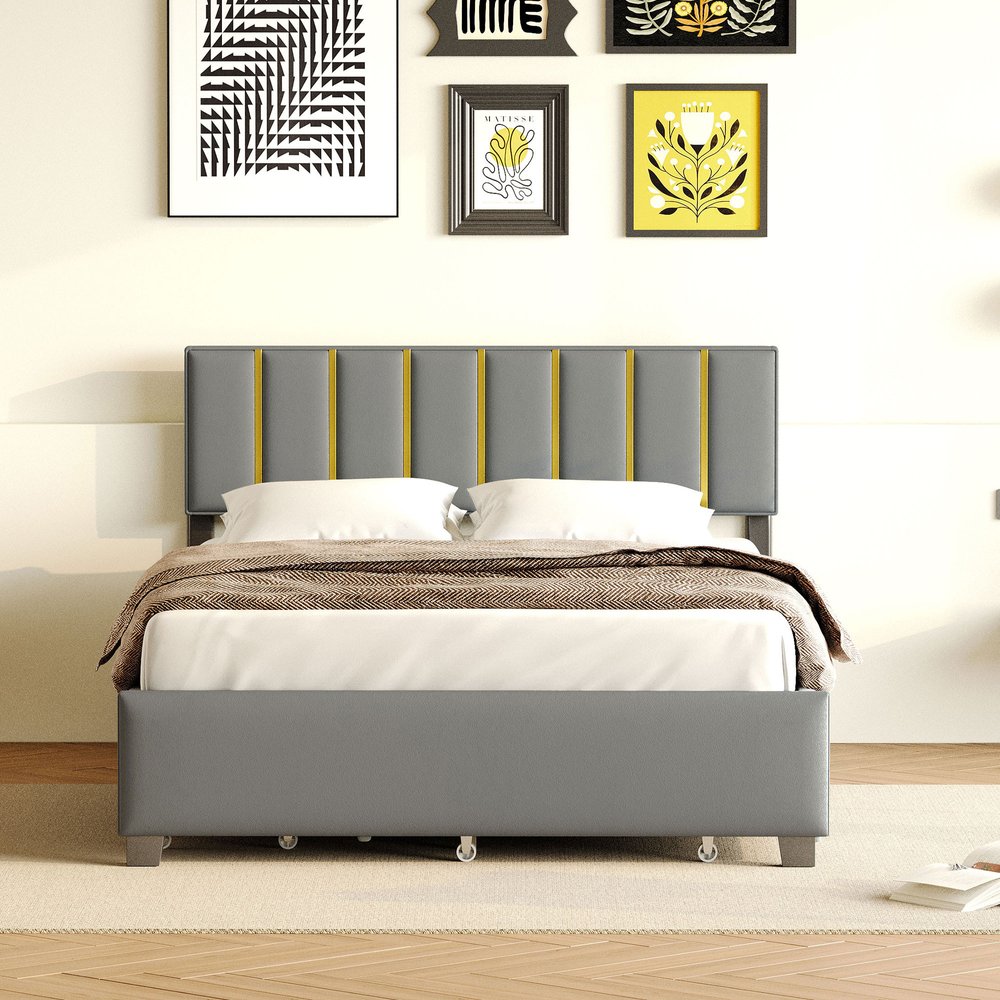 Gray Tufted Velvet Upholstered Queen Bed Frame With Trundle And Drawers
