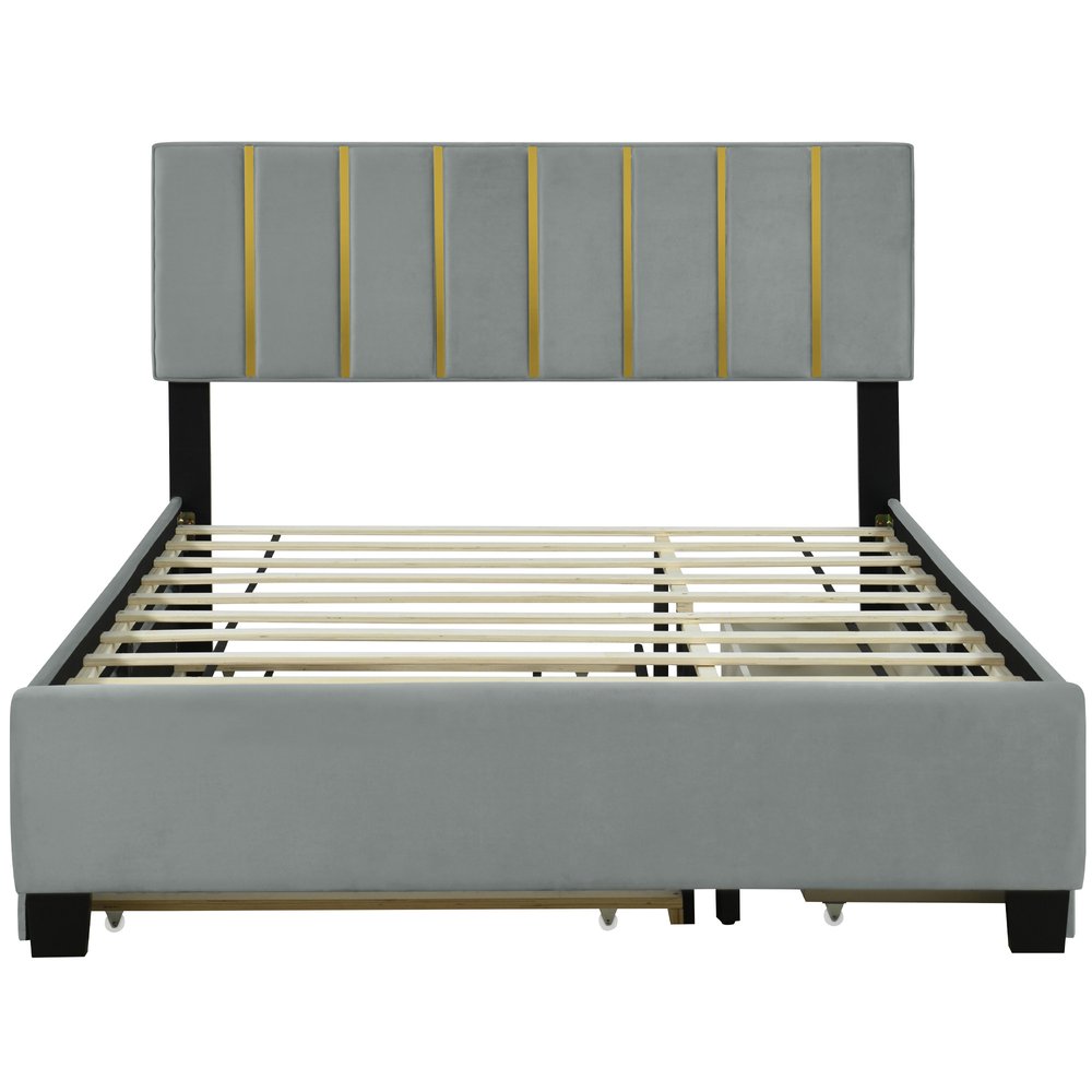 Gray Tufted Velvet Upholstered Queen Bed Frame With Trundle And Drawers