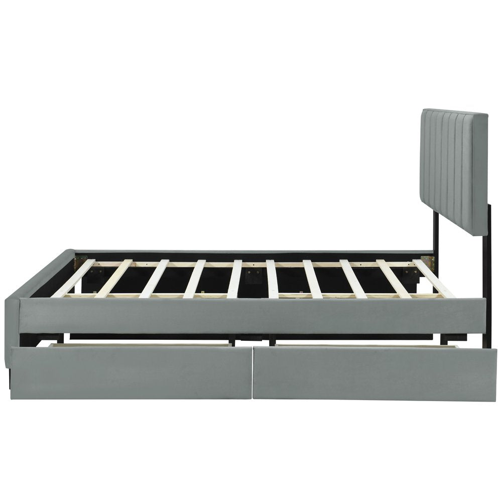 Gray Tufted Velvet Upholstered Queen Bed Frame With Trundle And Drawers