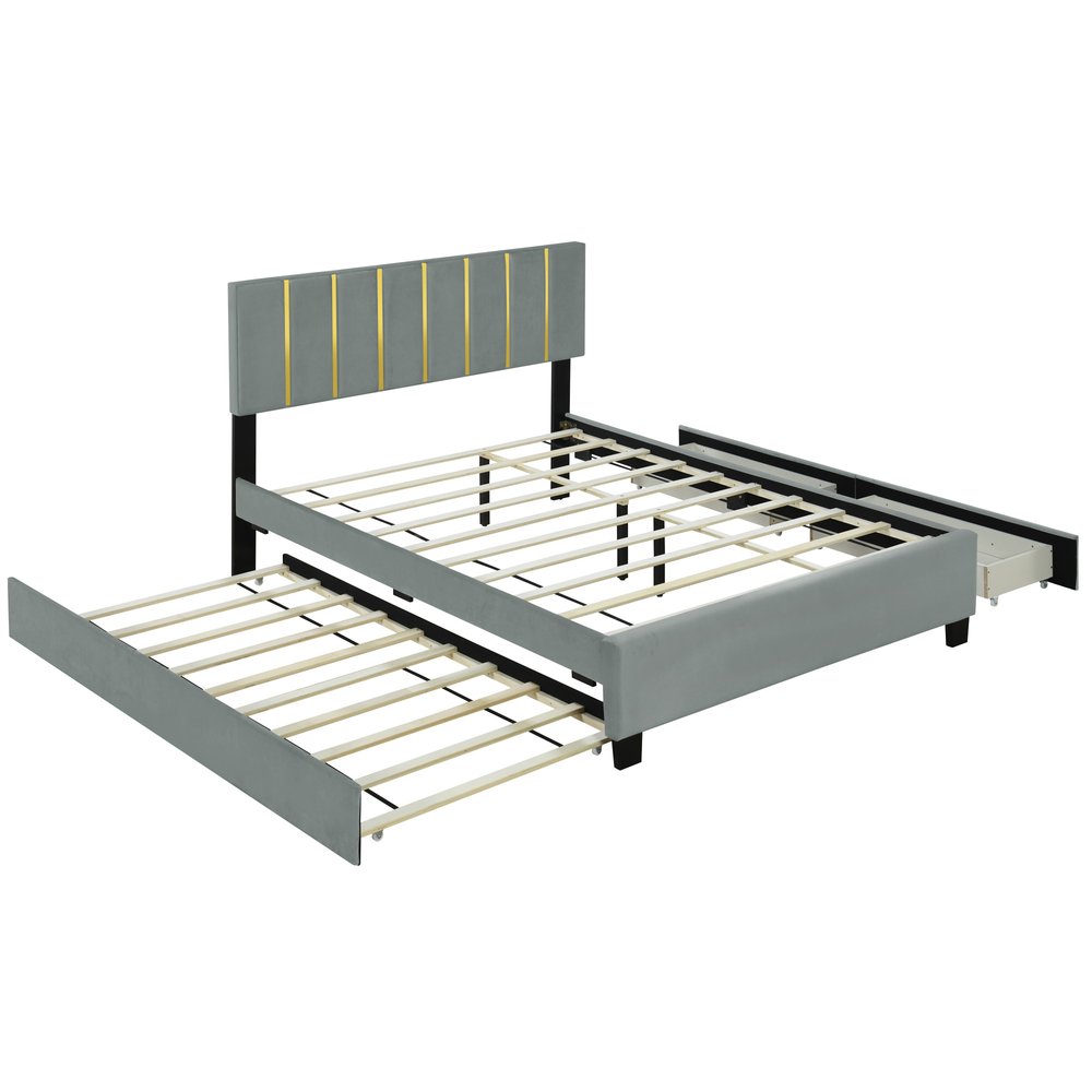 Gray Tufted Velvet Upholstered Queen Bed Frame With Trundle And Drawers