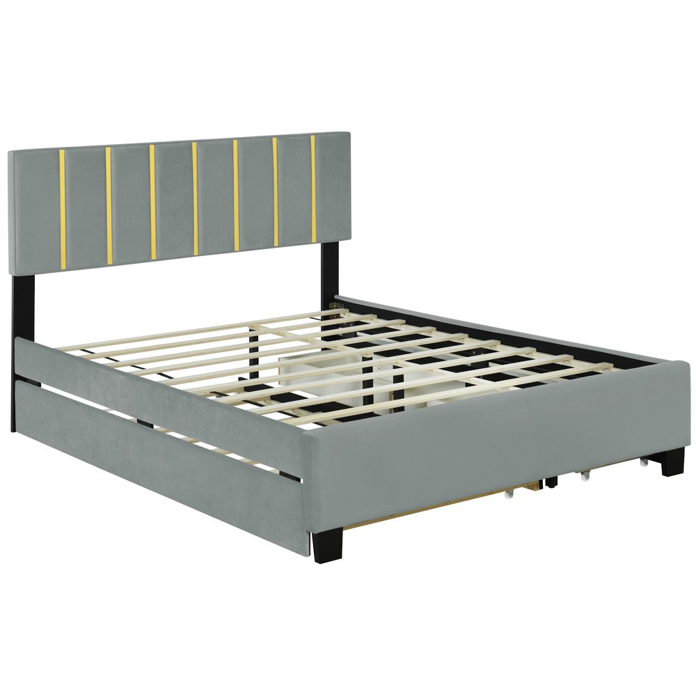 Gray Tufted Velvet Upholstered Queen Bed Frame With Trundle And Drawers