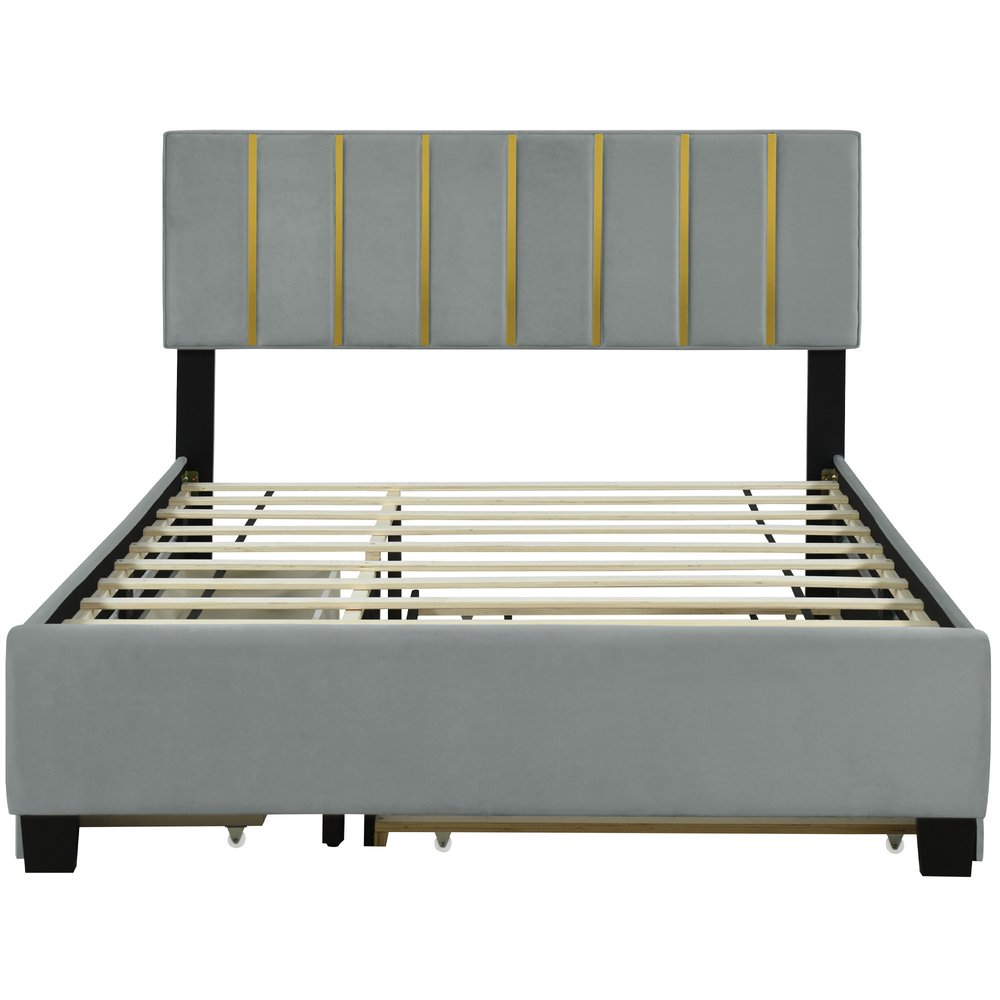 Gray Tufted Velvet Upholstered Queen Bed Frame With Trundle And Drawers