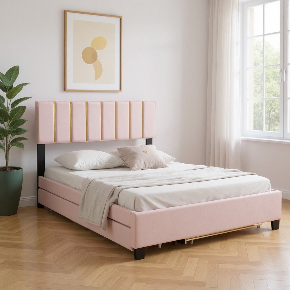 Pink Tufted Velvet Upholstered Queen Bed Frame With Trundle And Drawers