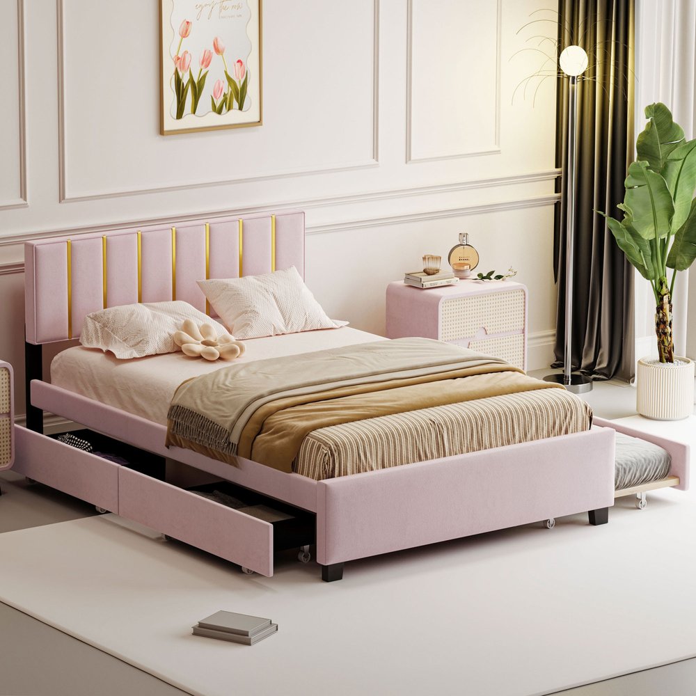 Pink Tufted Velvet Upholstered Queen Bed Frame With Trundle And Drawers