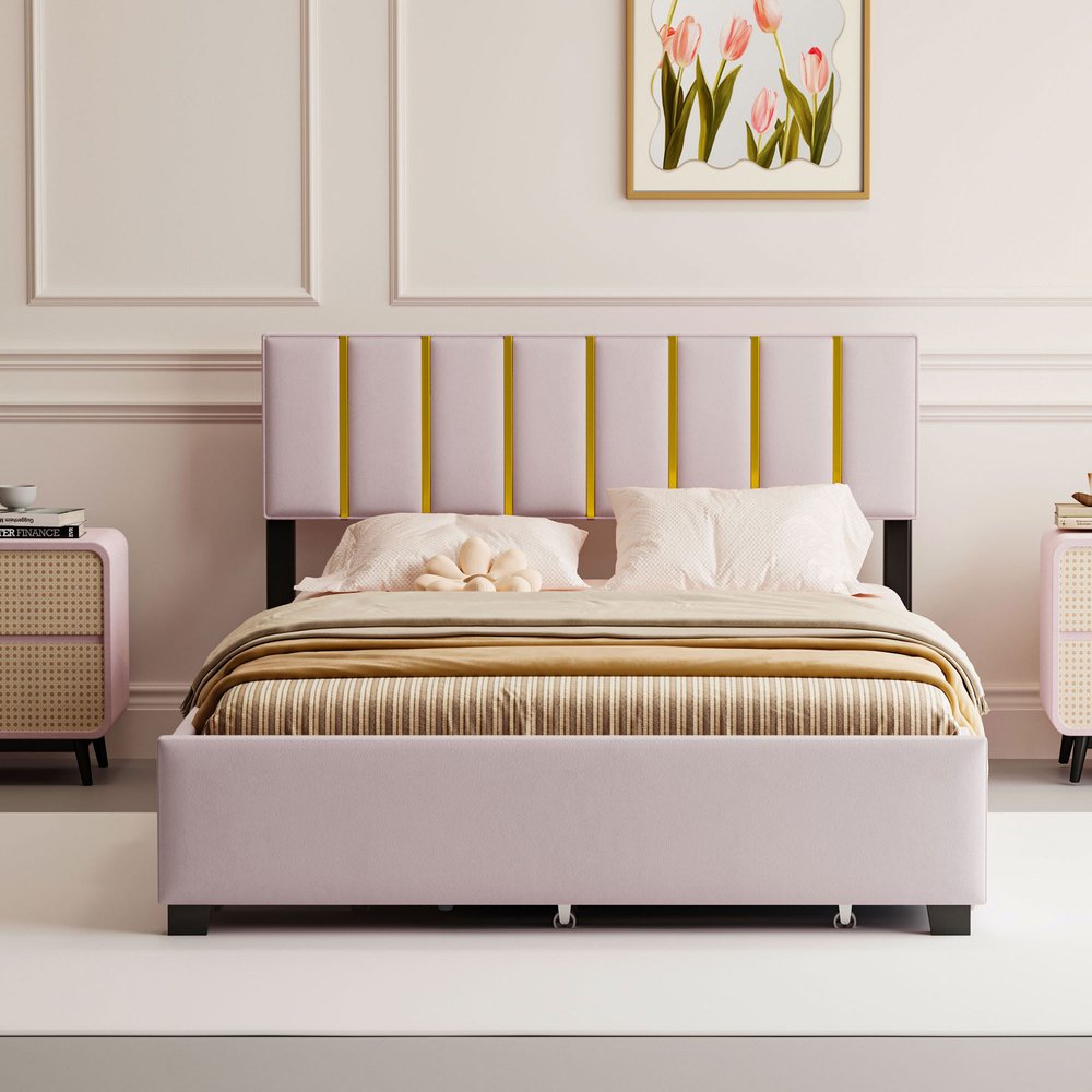 Pink Tufted Velvet Upholstered Queen Bed Frame With Trundle And Drawers