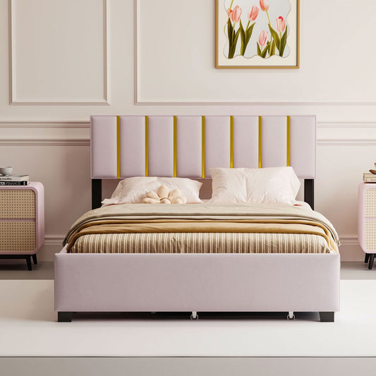 Pink Tufted Velvet Upholstered Queen Bed Frame With Trundle And Drawers